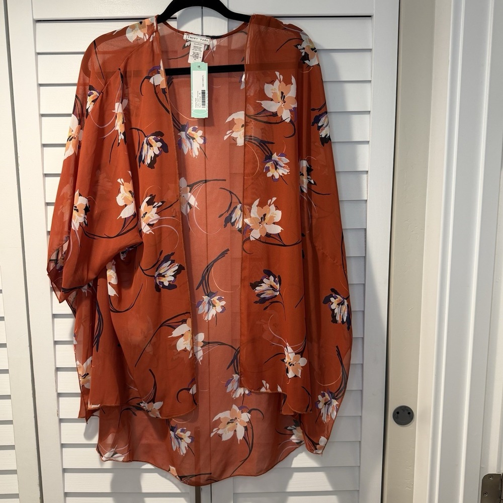Emory Park Caley Open Kimono XL Burnt Orange Floral Sheer NEW